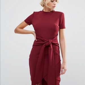 Club L Office Tie Waist Burgundy Short Sleeve Midi